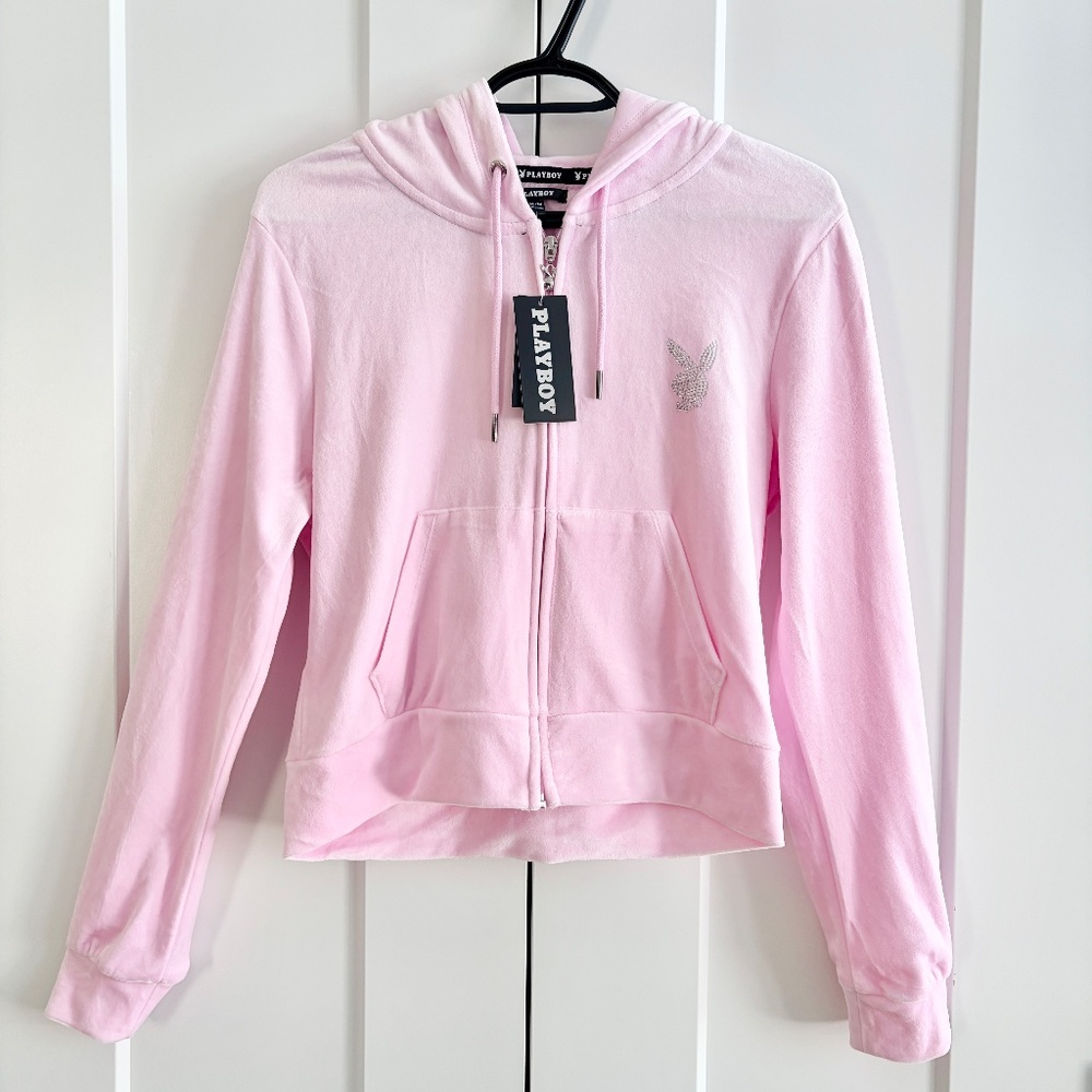 Playboy,‎ Zip Up, Hoodie, Pink, Rhinestone, Velour, Loungewear, Size M, NEW
